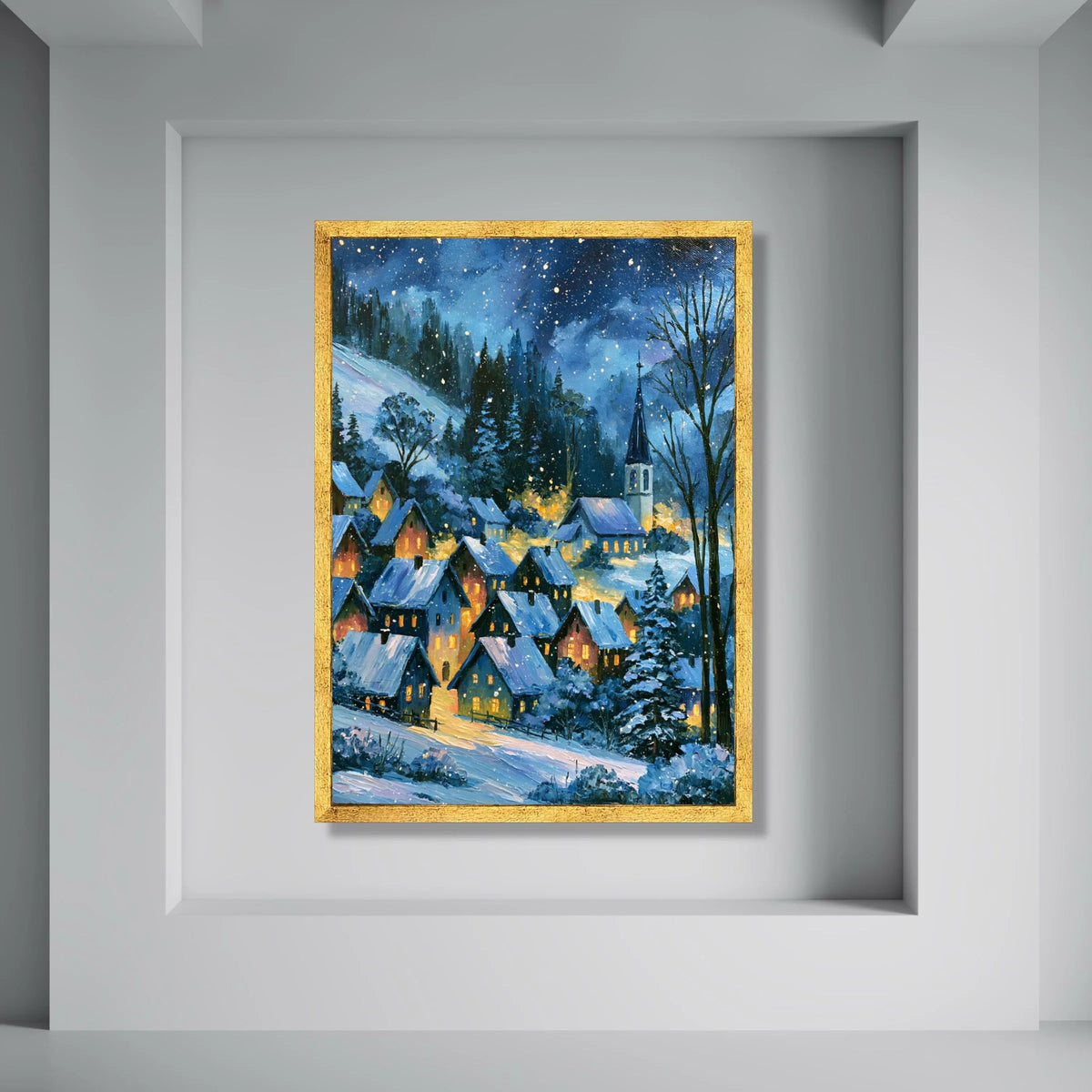 Cozy Winter Village Scene Canvas, Snowy Night Landscape, Illuminated Houses Canvas Wall Art, Christmas Holiday Decoration, Winter Print Art