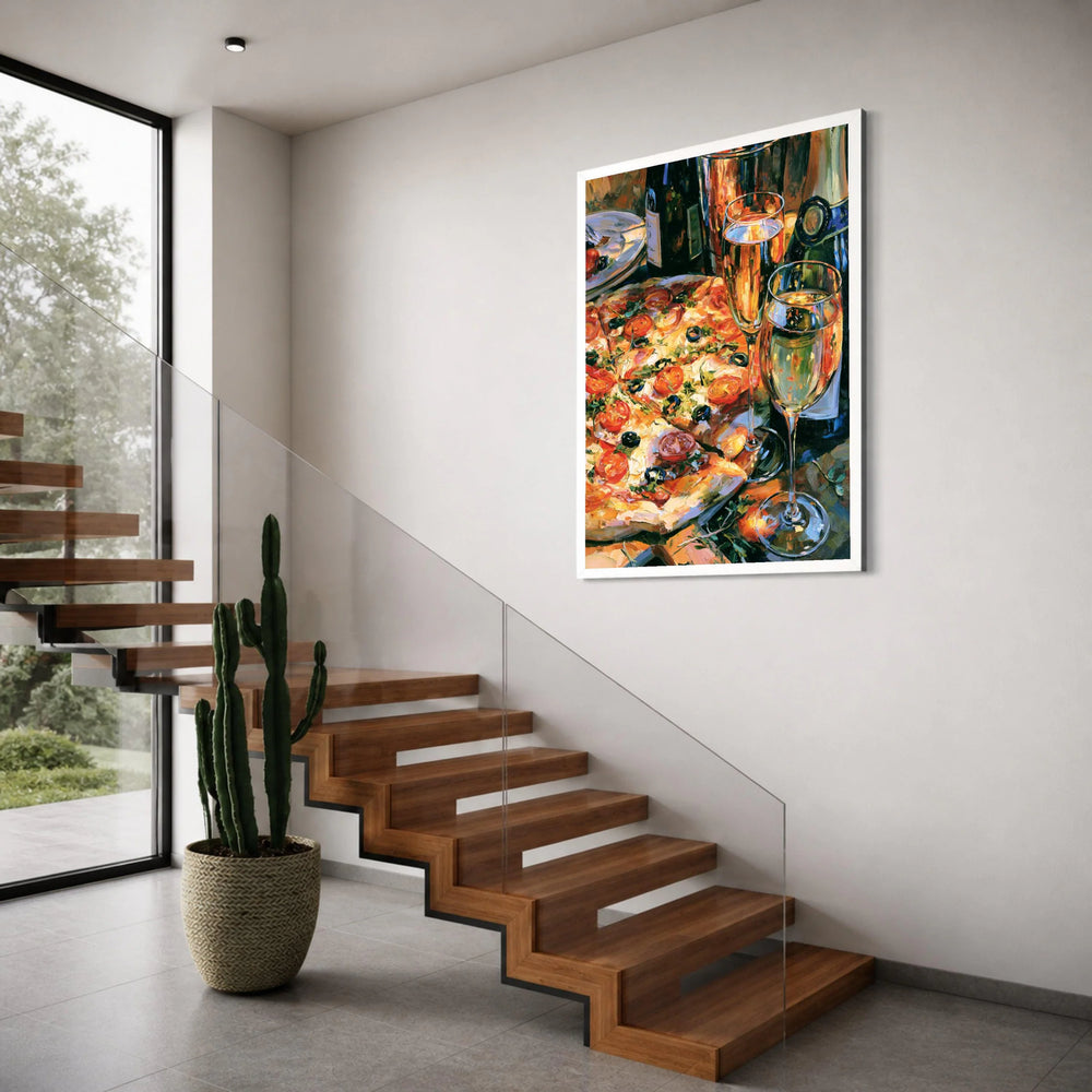 Wine and Pizza Celebration Canvas, Gourmet Food Wall Art, Kitchen Dining Room Canvas, Party Table Scene Decoration Print Art