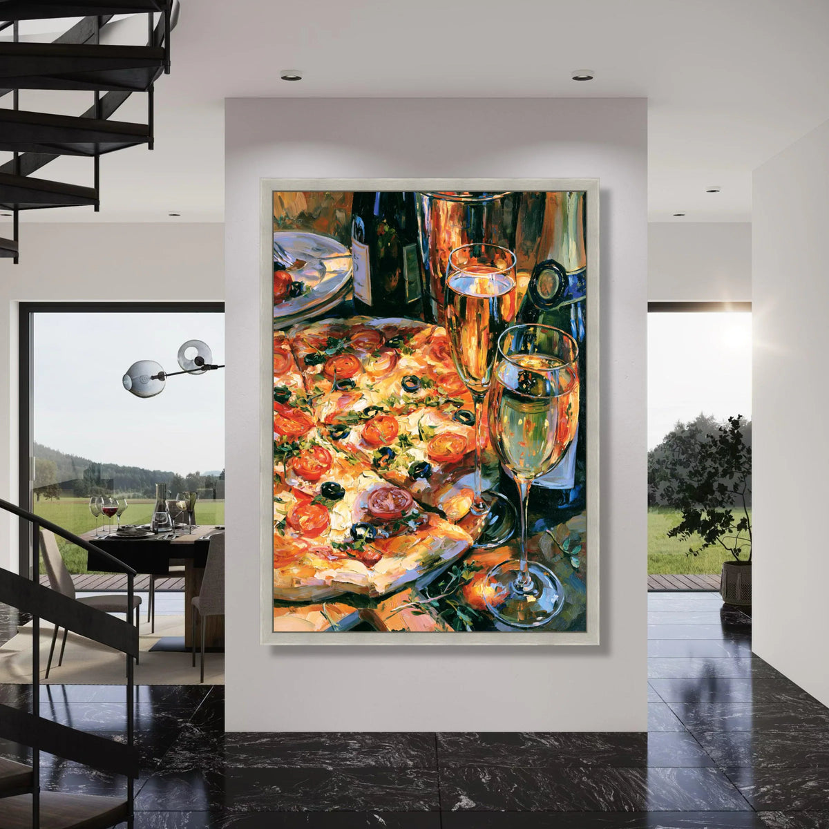 Wine and Pizza Celebration Canvas, Gourmet Food Wall Art, Kitchen Dining Room Canvas, Party Table Scene Decoration Print Art