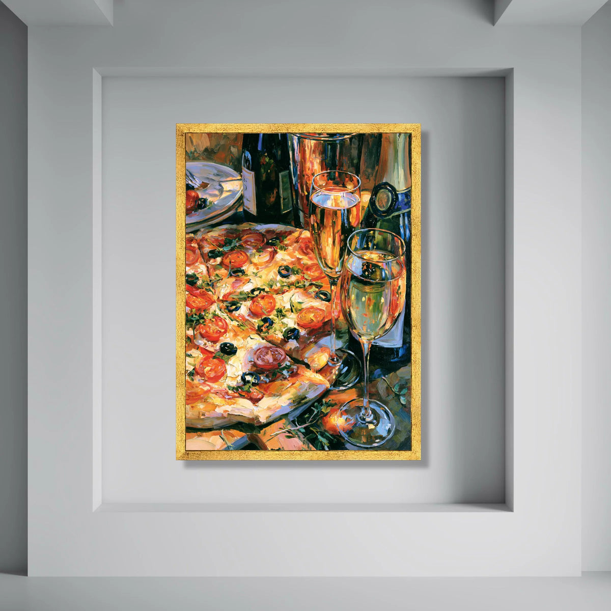 Wine and Pizza Celebration Canvas, Gourmet Food Wall Art, Kitchen Dining Room Canvas, Party Table Scene Decoration Print Art