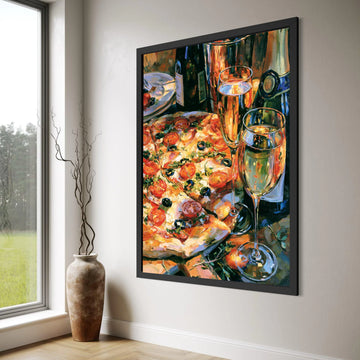 Wine and Pizza Celebration Canvas, Gourmet Food Wall Art, Kitchen Dining Room Canvas, Party Table Scene Decoration Print Art