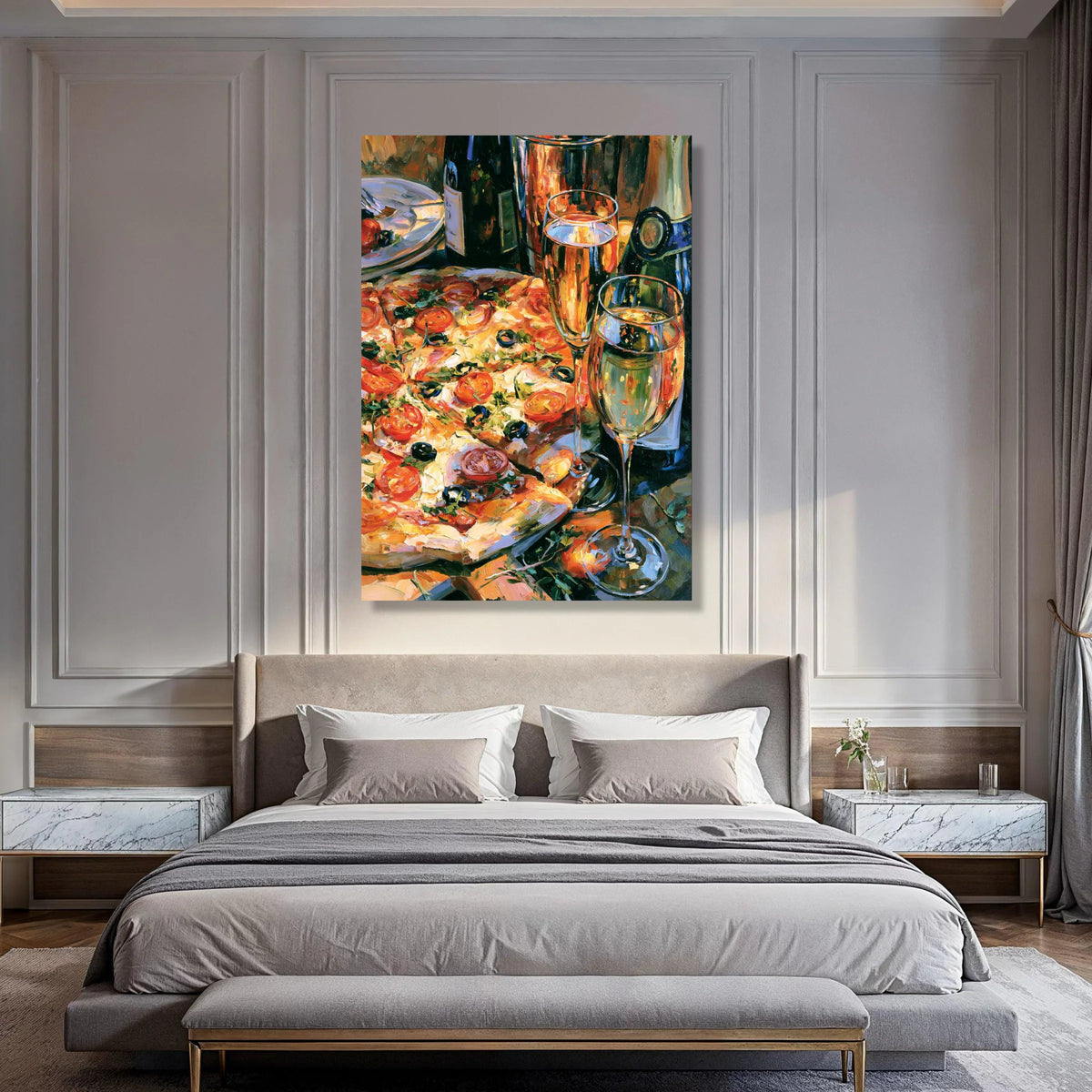 Wine and Pizza Celebration Canvas, Gourmet Food Wall Art, Kitchen Dining Room Canvas, Party Table Scene Decoration Print Art