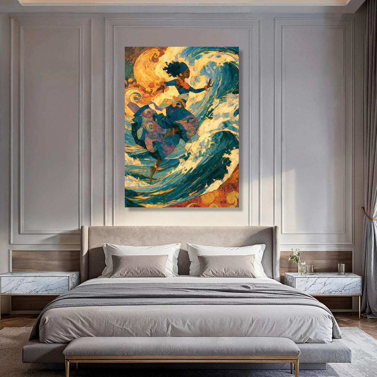 Dynamic Ocean Dance Canvas, Ethereal Woman Art, Flowing Waves Wall Art, Vibrant Abstract Canvas, Home Decor Painting Print Art