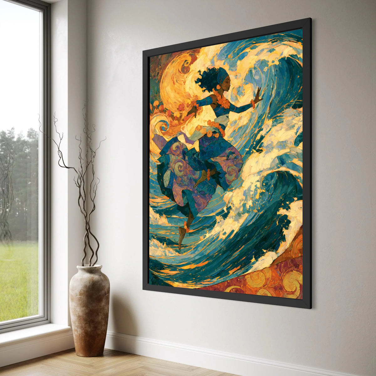 Dynamic Ocean Dance Canvas, Ethereal Woman Art, Flowing Waves Wall Art, Vibrant Abstract Canvas, Home Decor Painting Print Art