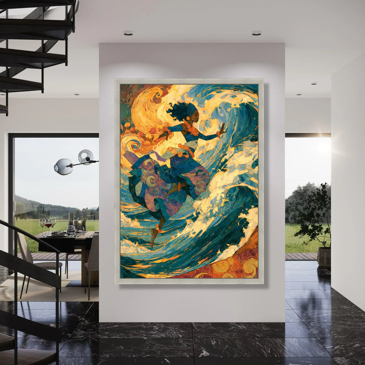 Dynamic Ocean Dance Canvas, Ethereal Woman Art, Flowing Waves Wall Art, Vibrant Abstract Canvas, Home Decor Painting Print Art