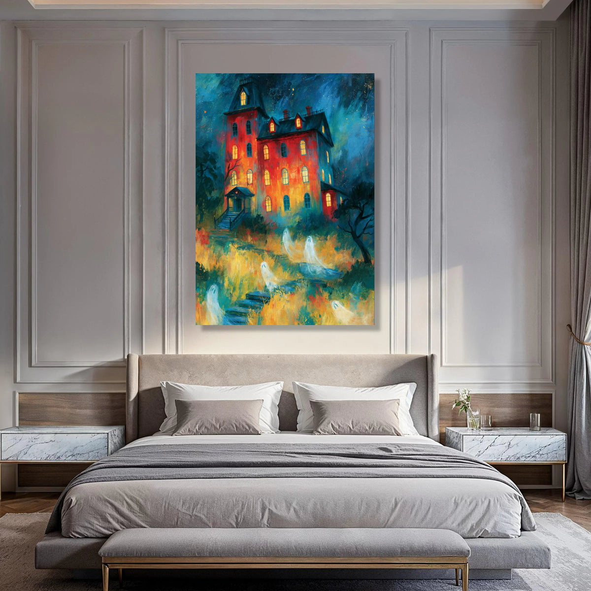 Haunted Mansion Canvas Wall Art, Spooky Ghost House, Halloween Home Decoration, Eerie Night Scene, Atmospheric Wall Art Print Print Art