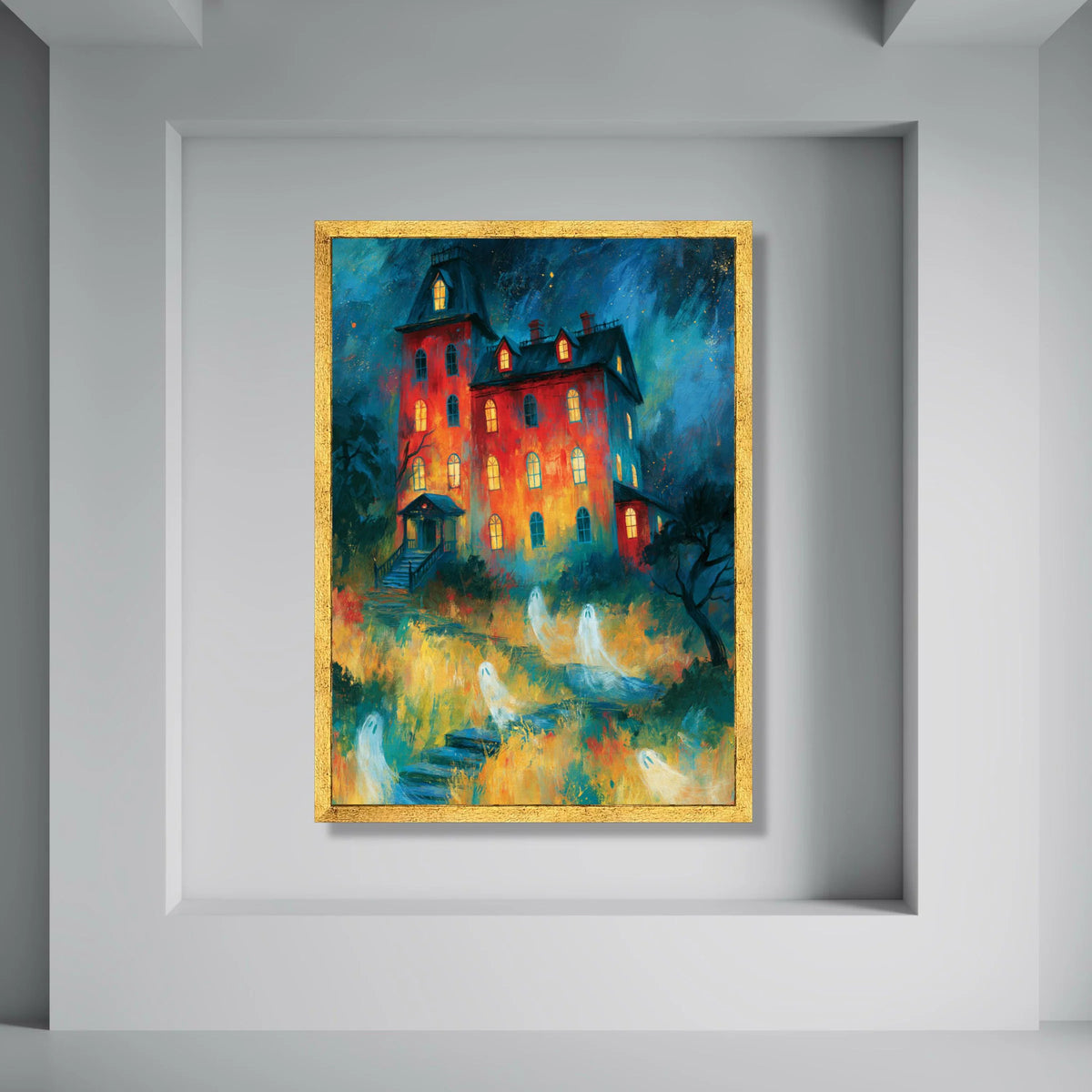 Haunted Mansion Canvas Wall Art, Spooky Ghost House, Halloween Home Decoration, Eerie Night Scene, Atmospheric Wall Art Print Print Art
