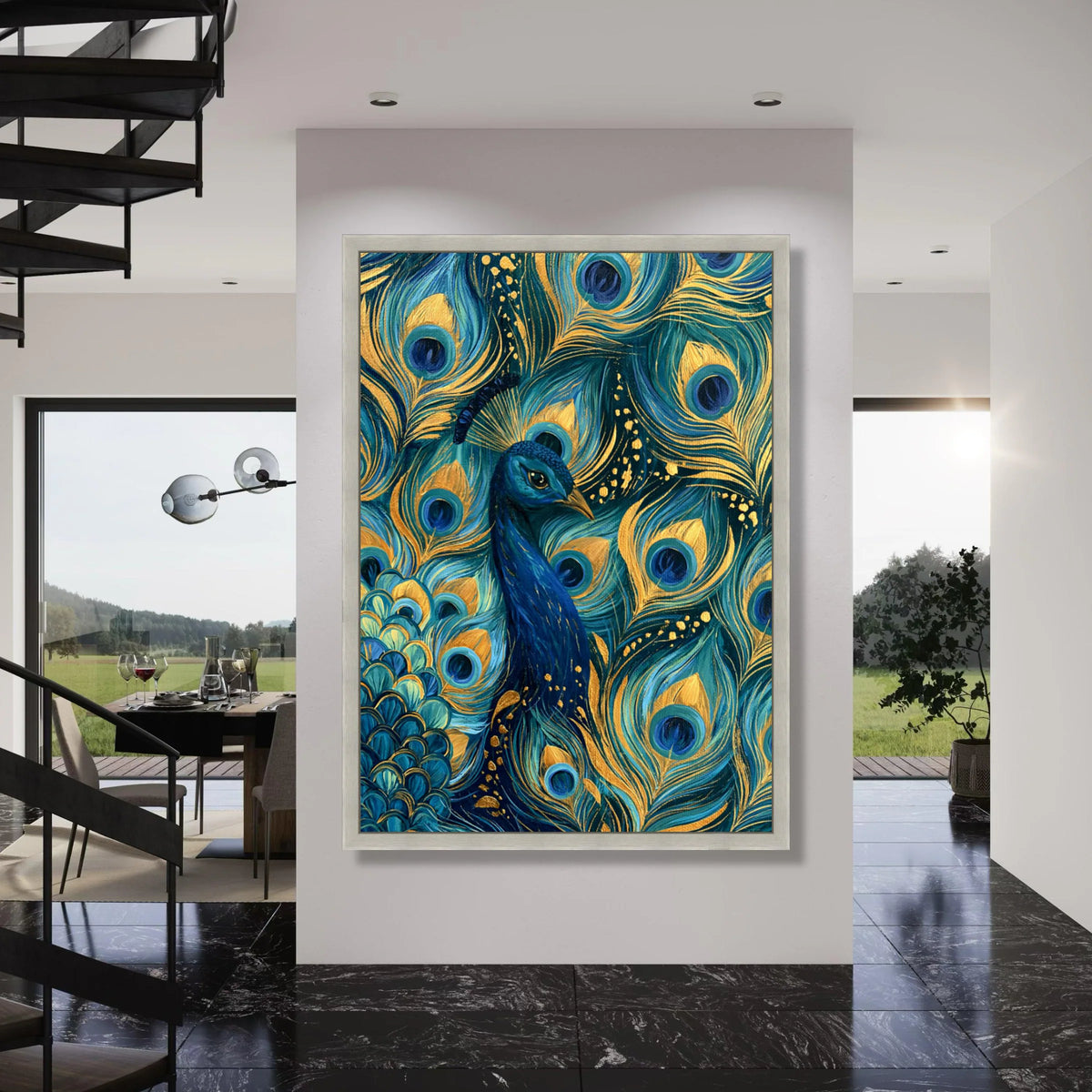 Majestic Blue Peacock Canvas, Elegant Feather Wall Art, Gold Accents Canvas, Vibrant Bird Decoration, Nature Home Interior Canvas Print Art