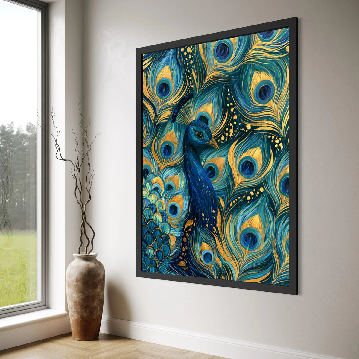 Majestic Blue Peacock Canvas, Elegant Feather Wall Art, Gold Accents Canvas, Vibrant Bird Decoration, Nature Home Interior Canvas Print Art