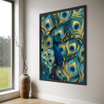 Majestic Blue Peacock Canvas, Elegant Feather Wall Art, Gold Accents Canvas, Vibrant Bird Decoration, Nature Home Interior Canvas Print Art