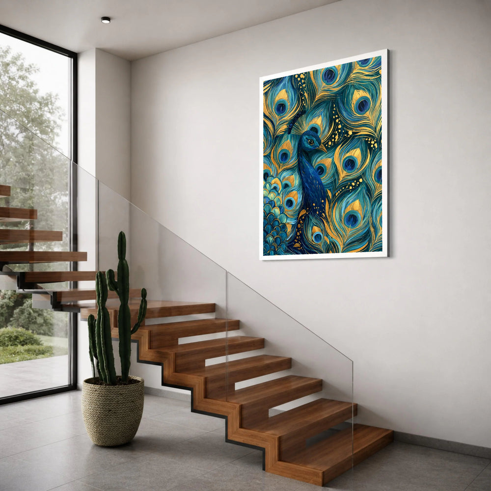 Majestic Blue Peacock Canvas, Elegant Feather Wall Art, Gold Accents Canvas, Vibrant Bird Decoration, Nature Home Interior Canvas Print Art