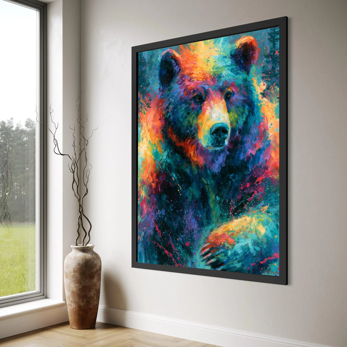 Colorful Bear Portrait Canvas, Vibrant Wildlife Wall Art, Animal Nature Painting, Multicolor Bear Face Canvas, Modern Rustic Home Print Art