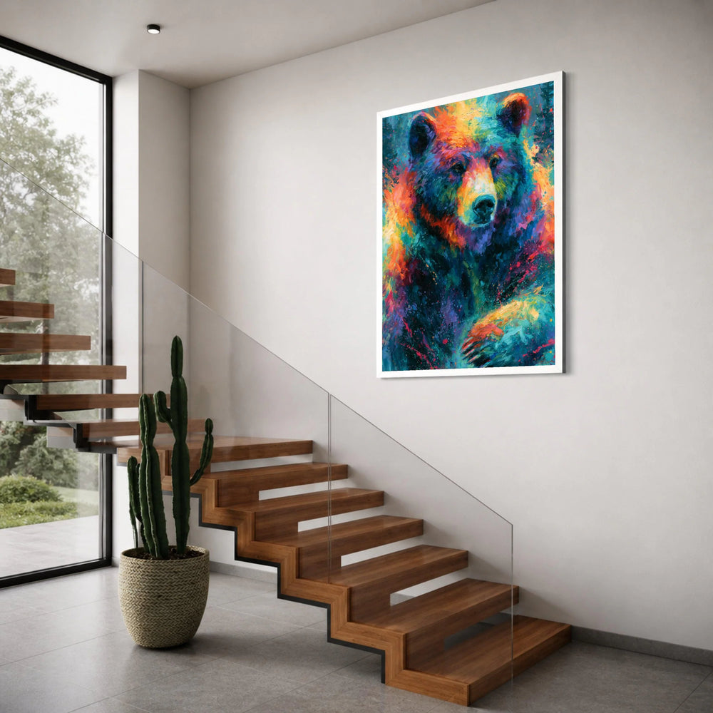 Colorful Bear Portrait Canvas, Vibrant Wildlife Wall Art, Animal Nature Painting, Multicolor Bear Face Canvas, Modern Rustic Home Print Art