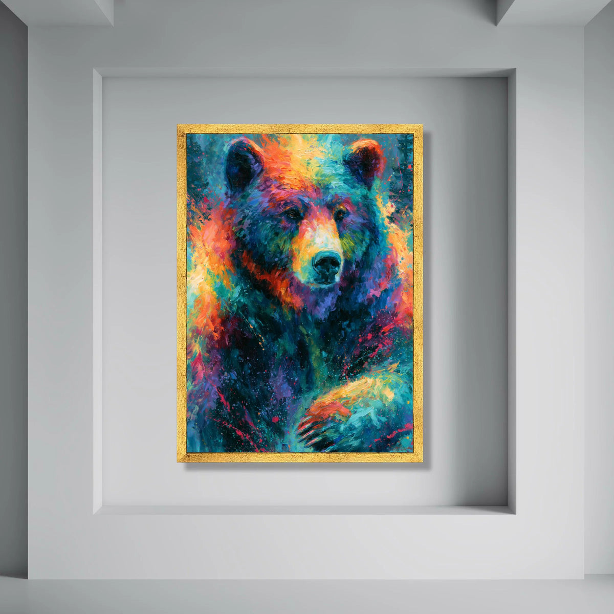 Colorful Bear Portrait Canvas, Vibrant Wildlife Wall Art, Animal Nature Painting, Multicolor Bear Face Canvas, Modern Rustic Home Print Art