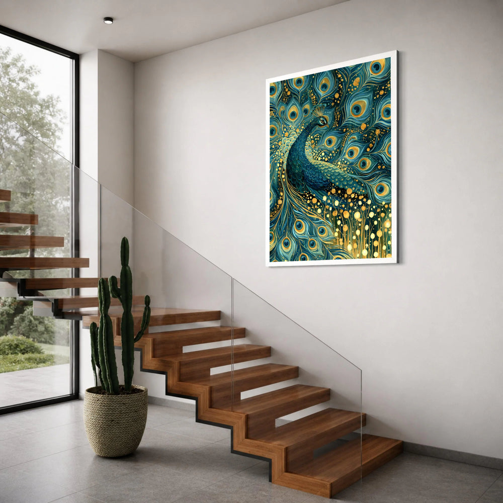 Majestic Peacock Feathers Canvas, Blue Gold Bird Wall Art, Elegant Nature Canvas Decoration, Exotic Animal Artwork for Home Print Art