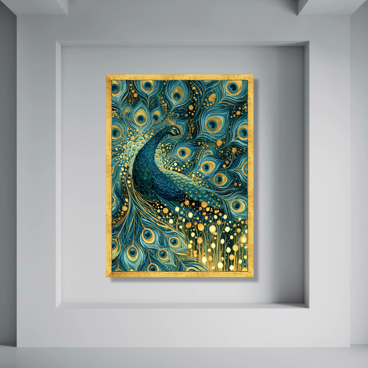 Majestic Peacock Feathers Canvas, Blue Gold Bird Wall Art, Elegant Nature Canvas Decoration, Exotic Animal Artwork for Home Print Art
