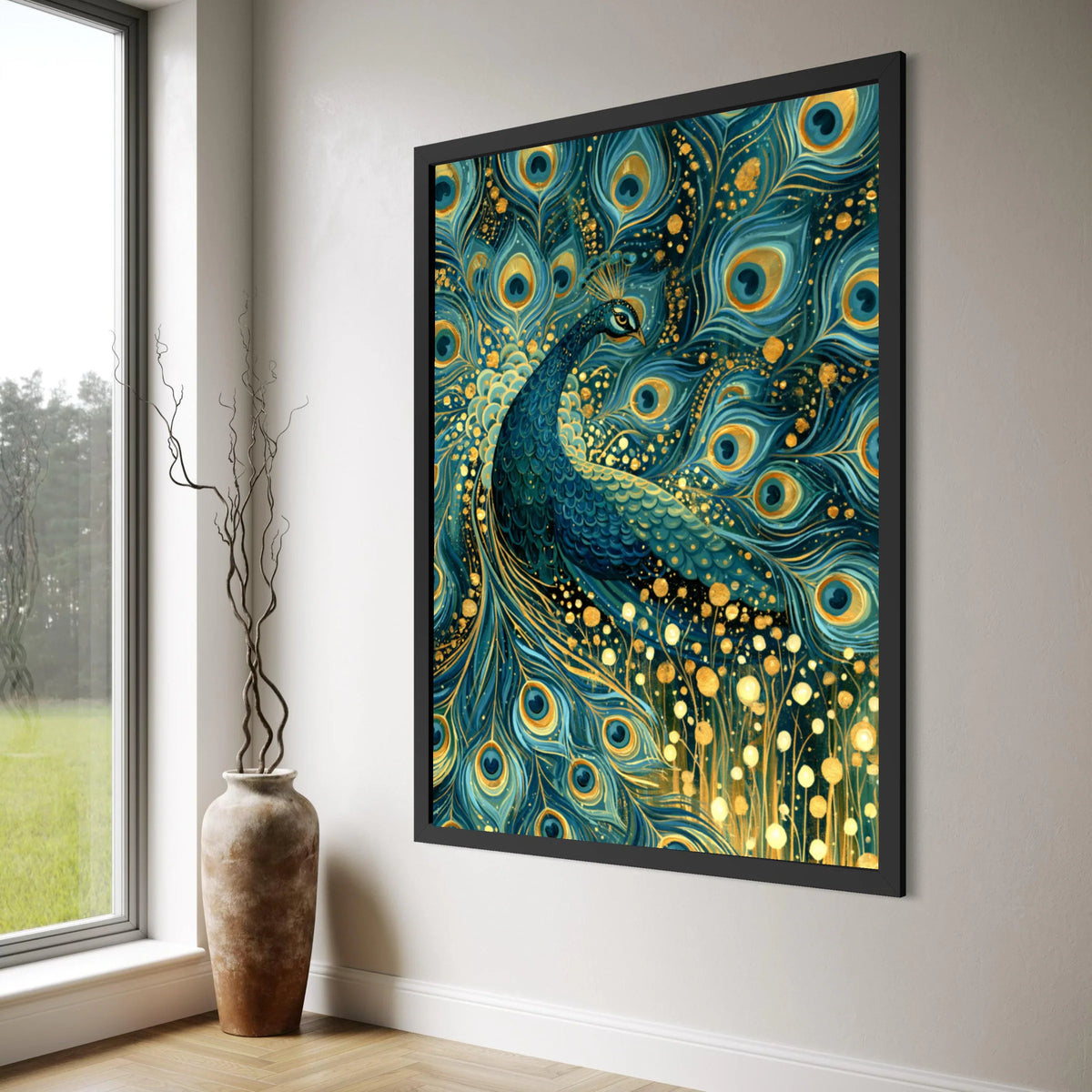 Majestic Peacock Feathers Canvas, Blue Gold Bird Wall Art, Elegant Nature Canvas Decoration, Exotic Animal Artwork for Home Print Art