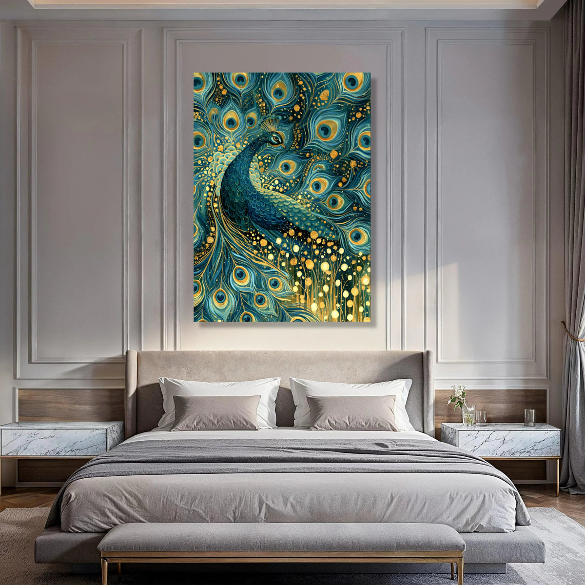 Majestic Peacock Feathers Canvas, Blue Gold Bird Wall Art, Elegant Nature Canvas Decoration, Exotic Animal Artwork for Home Print Art