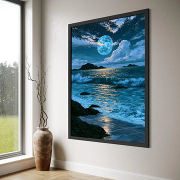 Tranquil Moonlit Ocean, Night Sea Waves Canvas, Coastal Landscape Wall Art, Blue Moonlight Reflection, Serene Beach Decoration Print Art