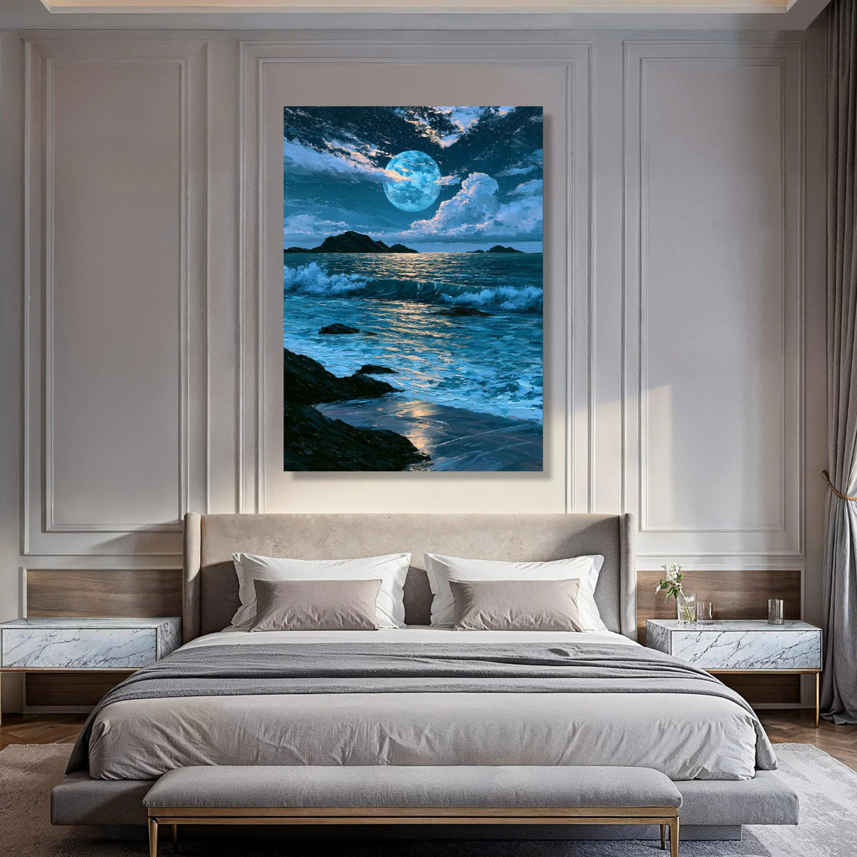 Tranquil Moonlit Ocean, Night Sea Waves Canvas, Coastal Landscape Wall Art, Blue Moonlight Reflection, Serene Beach Decoration Print Art