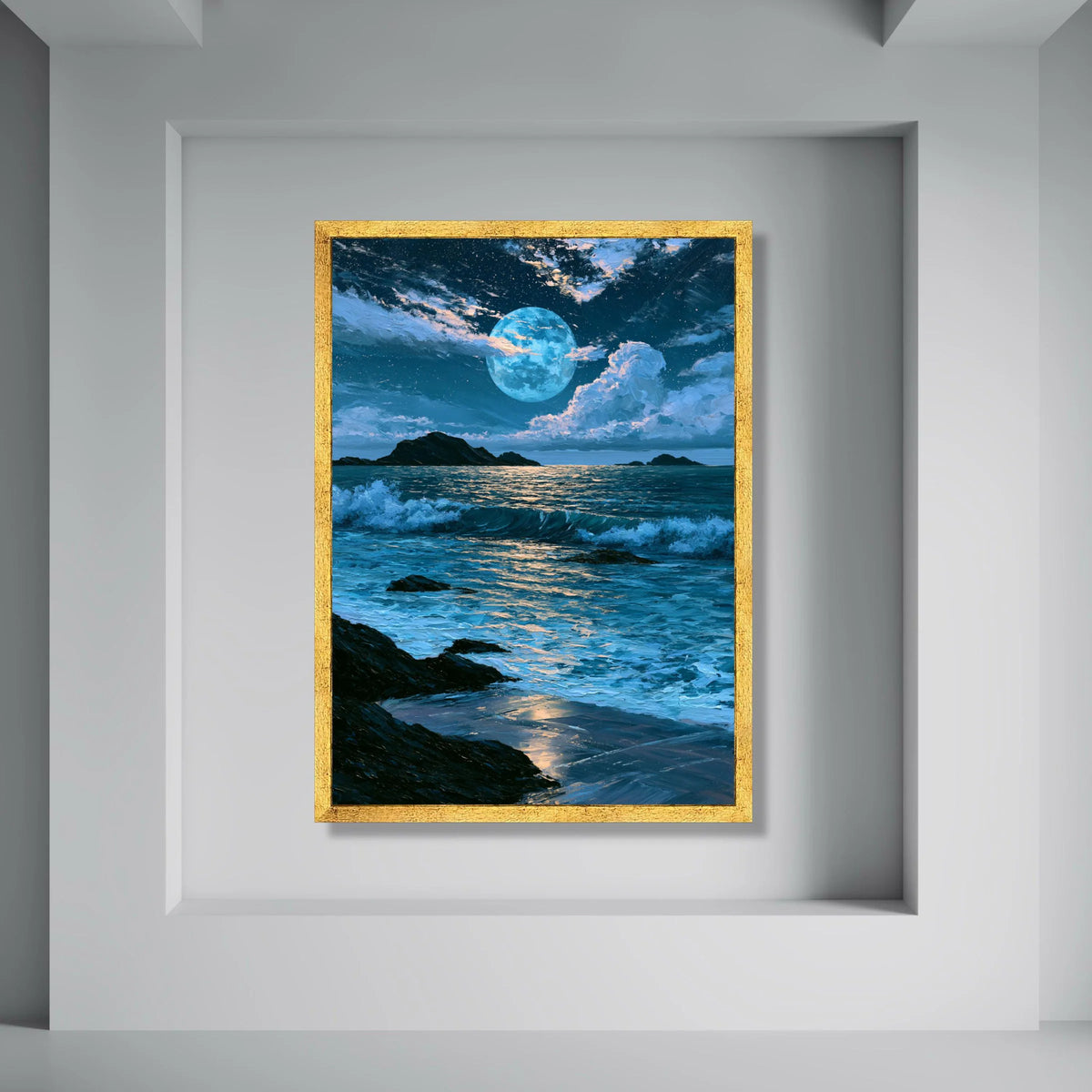Tranquil Moonlit Ocean, Night Sea Waves Canvas, Coastal Landscape Wall Art, Blue Moonlight Reflection, Serene Beach Decoration Print Art