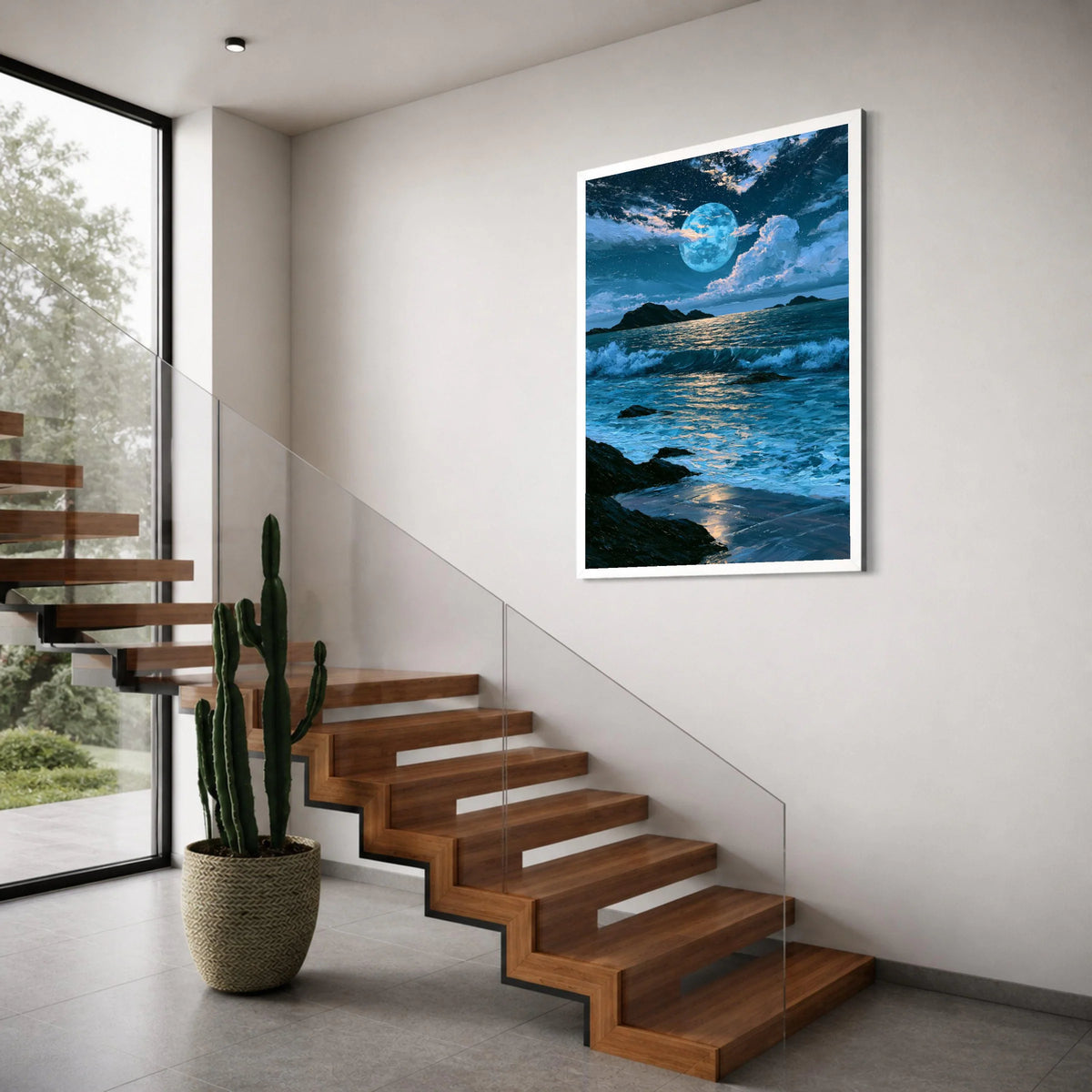 Tranquil Moonlit Ocean, Night Sea Waves Canvas, Coastal Landscape Wall Art, Blue Moonlight Reflection, Serene Beach Decoration Print Art
