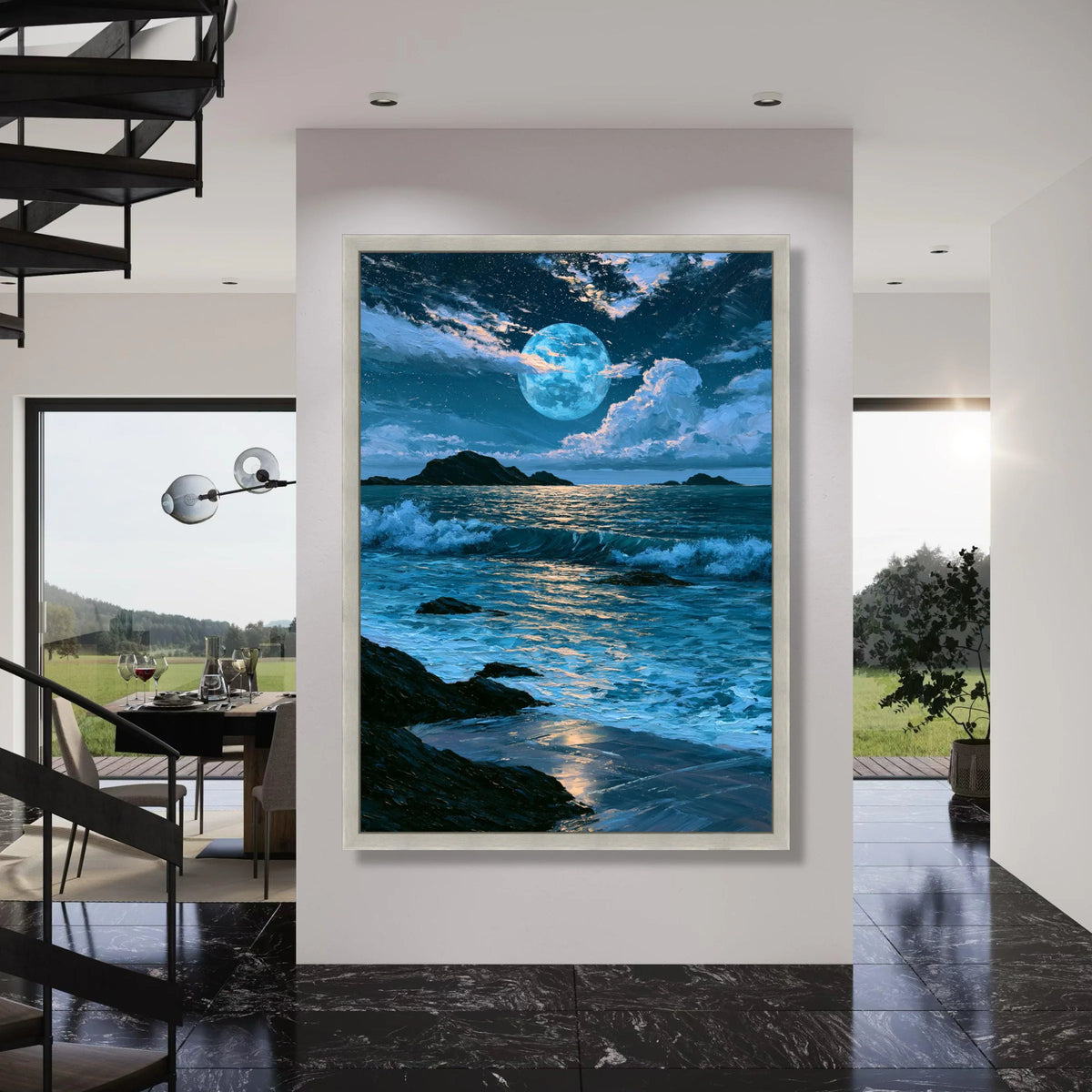 Tranquil Moonlit Ocean, Night Sea Waves Canvas, Coastal Landscape Wall Art, Blue Moonlight Reflection, Serene Beach Decoration Print Art
