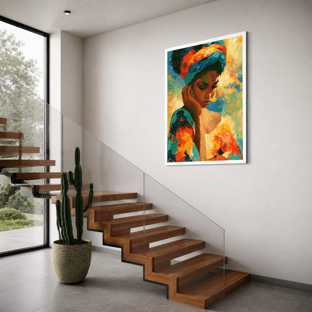 Vibrant Woman Portrait Canvas, Colorful Headwrap Art, Contemporary African Style Canvas, Emotional Wall Art, Home Decoration Print Art