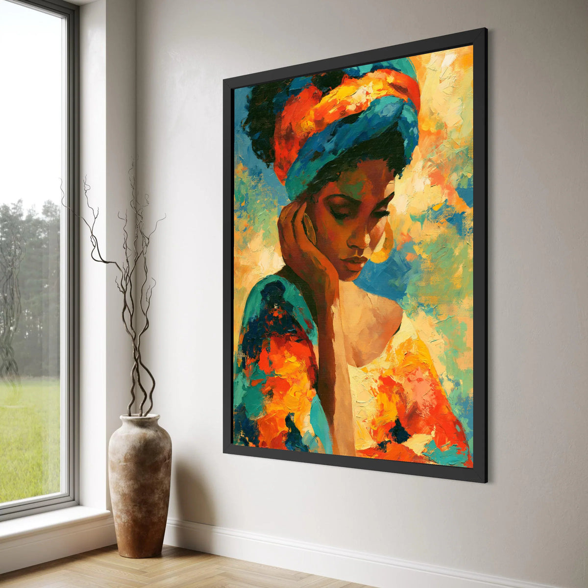 Vibrant Woman Portrait Canvas, Colorful Headwrap Art, Contemporary African Style Canvas, Emotional Wall Art, Home Decoration Print Art
