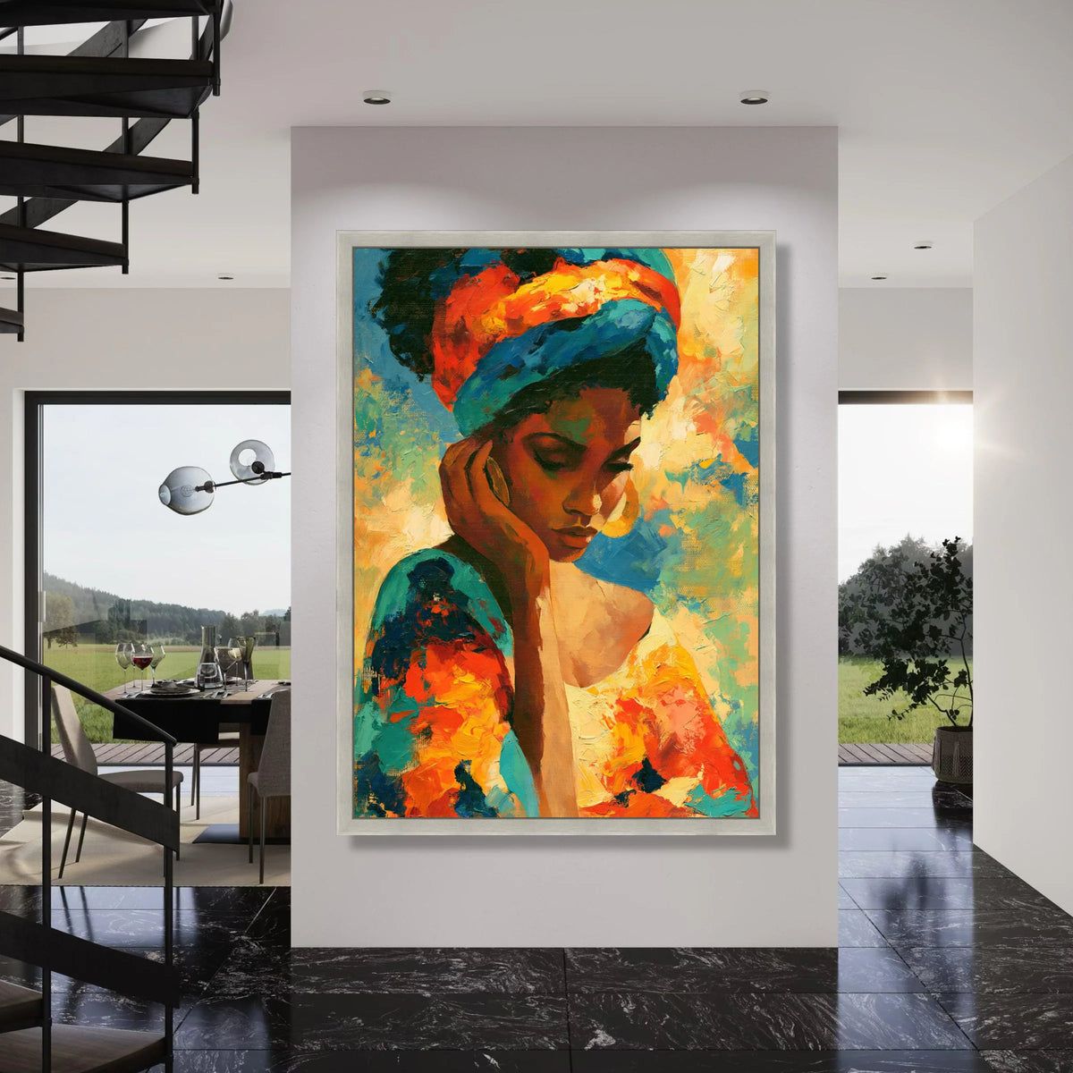 Vibrant Woman Portrait Canvas, Colorful Headwrap Art, Contemporary African Style Canvas, Emotional Wall Art, Home Decoration Print Art