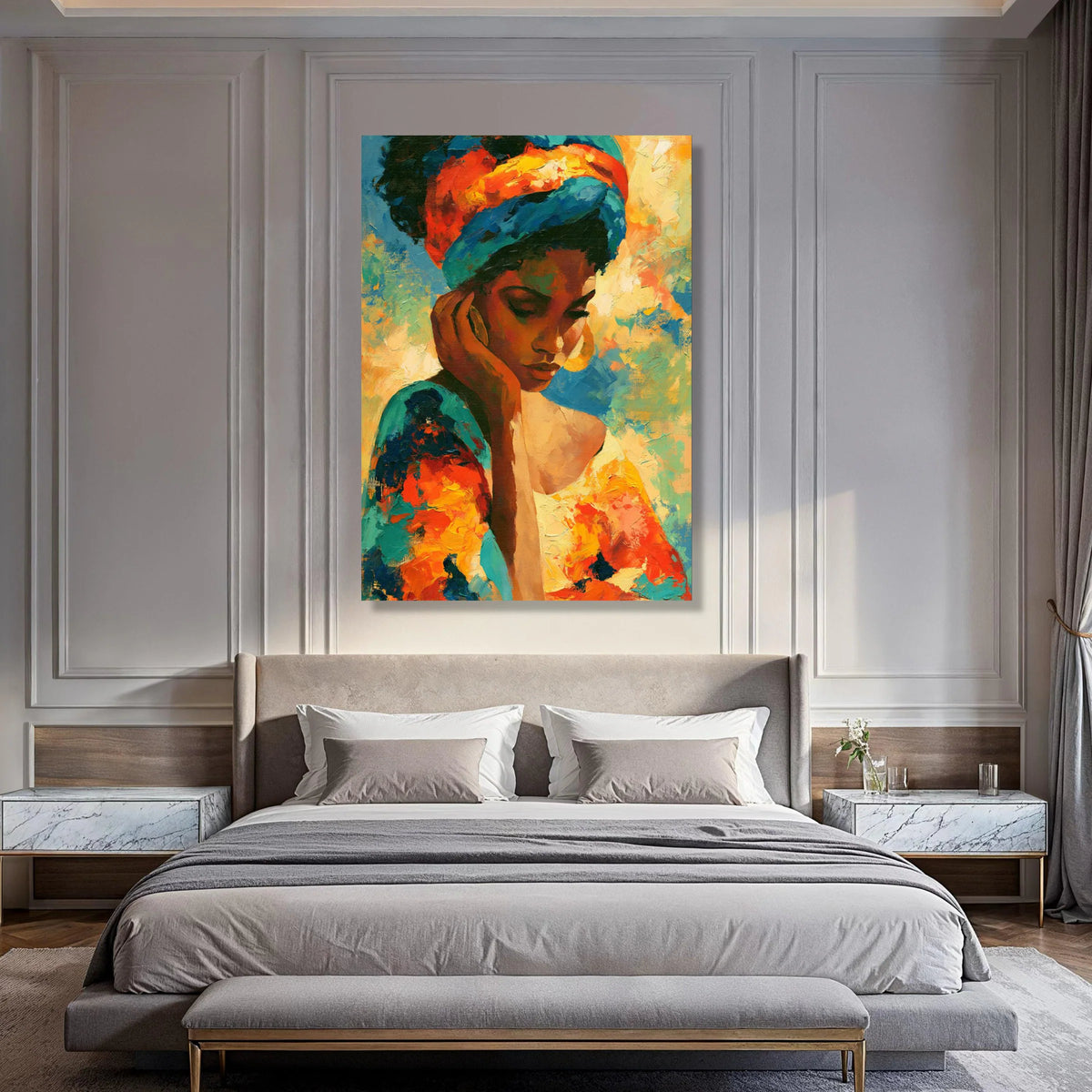 Vibrant Woman Portrait Canvas, Colorful Headwrap Art, Contemporary African Style Canvas, Emotional Wall Art, Home Decoration Print Art
