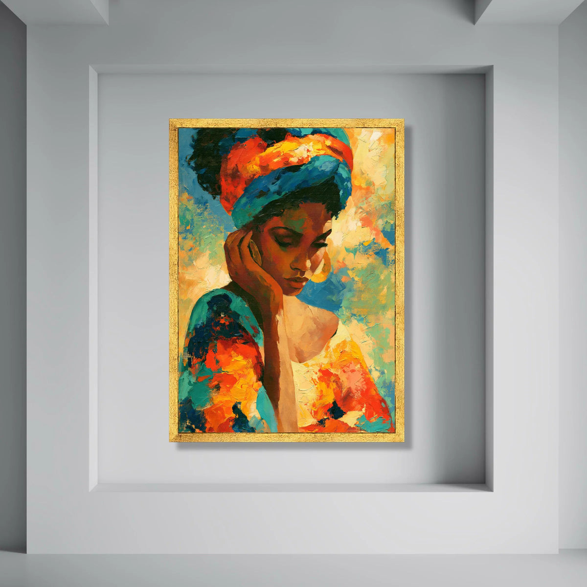 Vibrant Woman Portrait Canvas, Colorful Headwrap Art, Contemporary African Style Canvas, Emotional Wall Art, Home Decoration Print Art