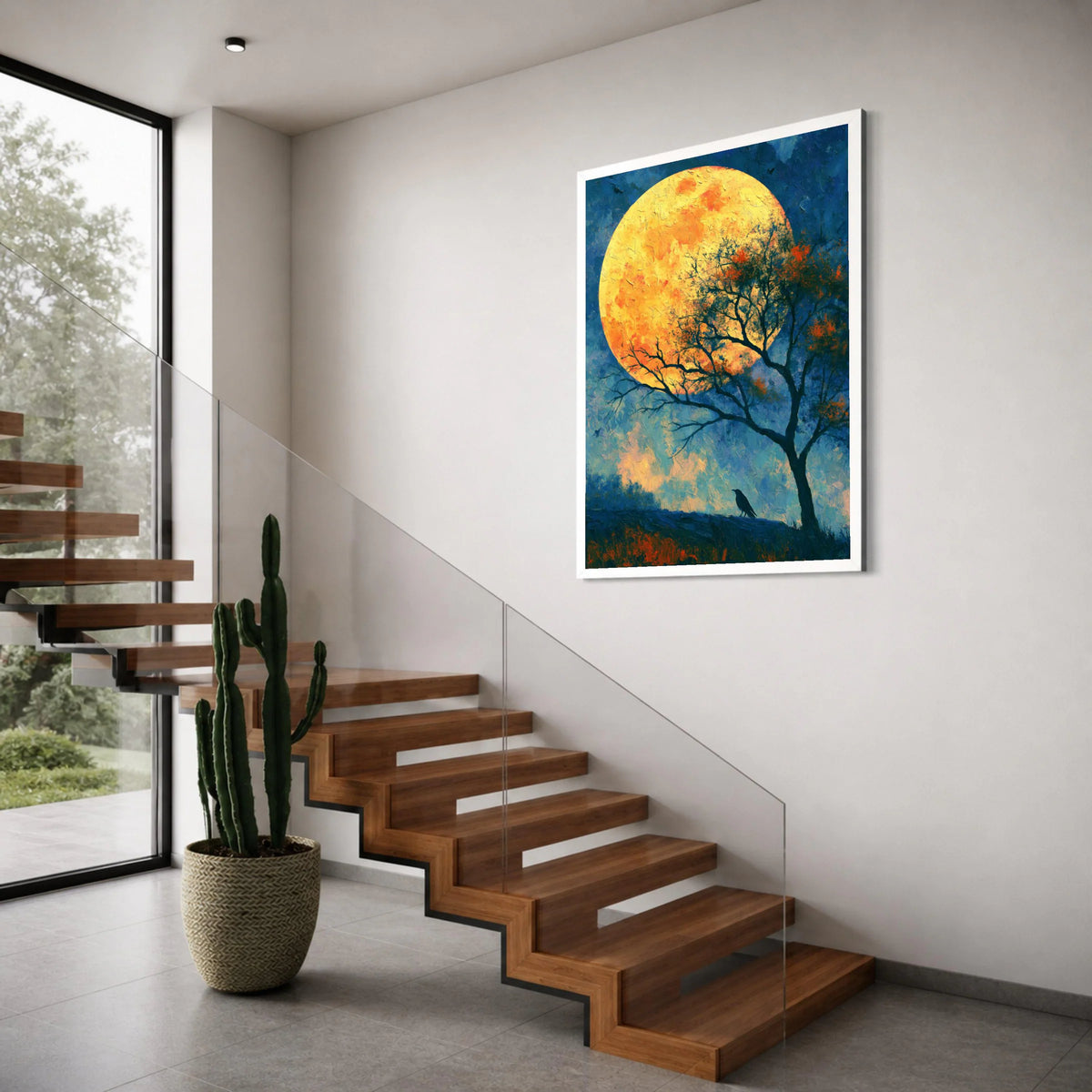 Majestic Full Moon Canvas Wall Art, Night Landscape Painting, Large Yellow Moon, Tree Silhouette Decor, Mystical Evening Canvas Print Art