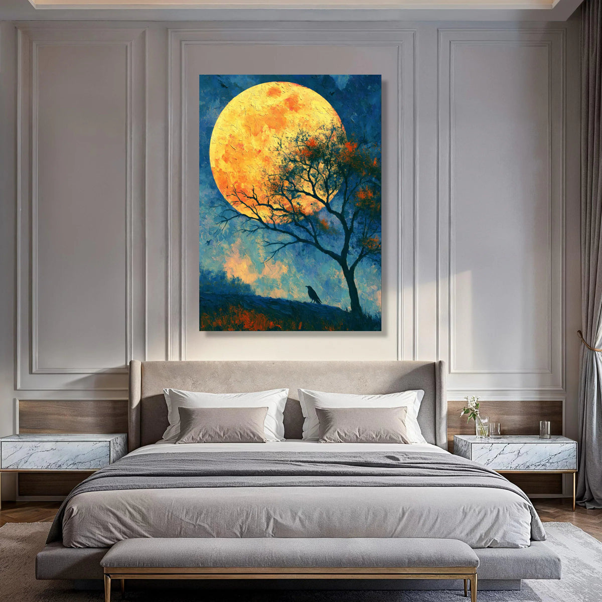 Majestic Full Moon Canvas Wall Art, Night Landscape Painting, Large Yellow Moon, Tree Silhouette Decor, Mystical Evening Canvas Print Art