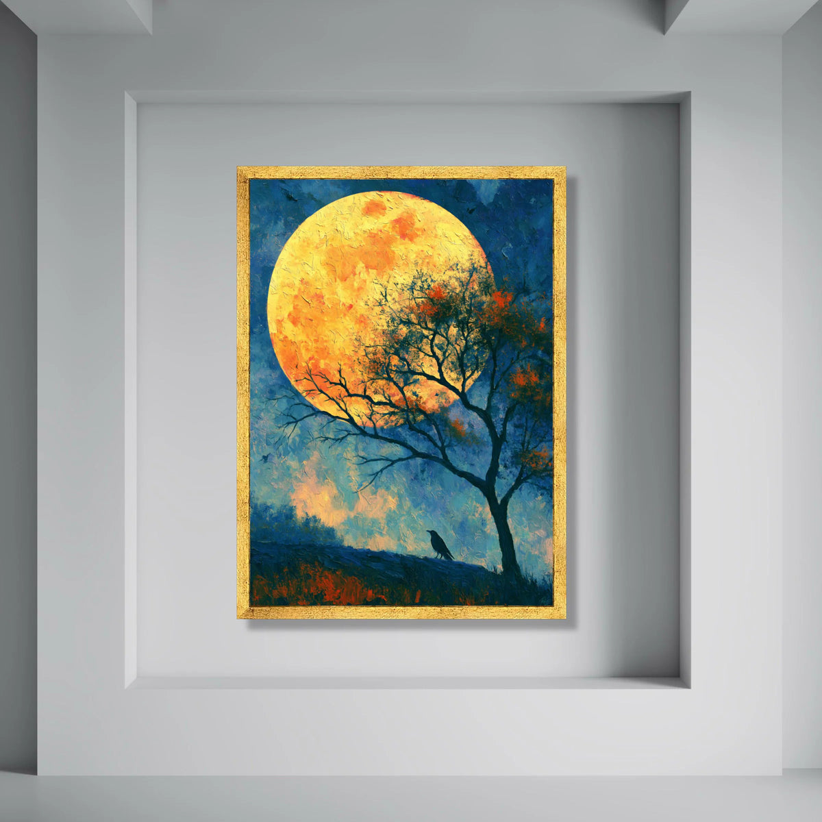 Majestic Full Moon Canvas Wall Art, Night Landscape Painting, Large Yellow Moon, Tree Silhouette Decor, Mystical Evening Canvas Print Art