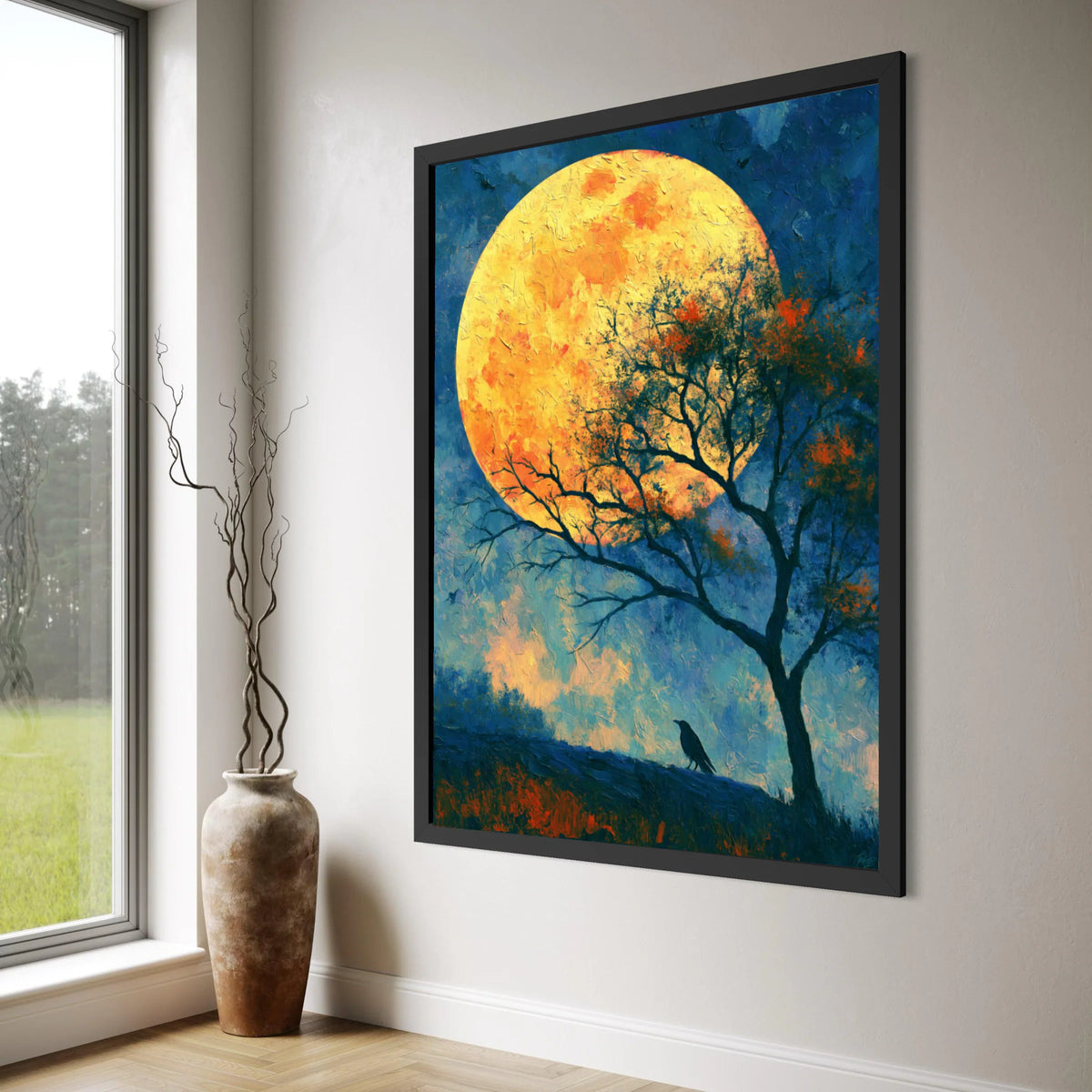 Majestic Full Moon Canvas Wall Art, Night Landscape Painting, Large Yellow Moon, Tree Silhouette Decor, Mystical Evening Canvas Print Art