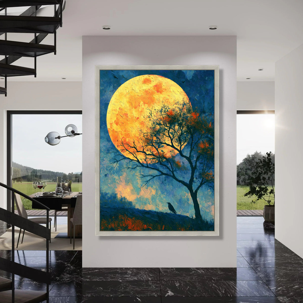 Majestic Full Moon Canvas Wall Art, Night Landscape Painting, Large Yellow Moon, Tree Silhouette Decor, Mystical Evening Canvas Print Art