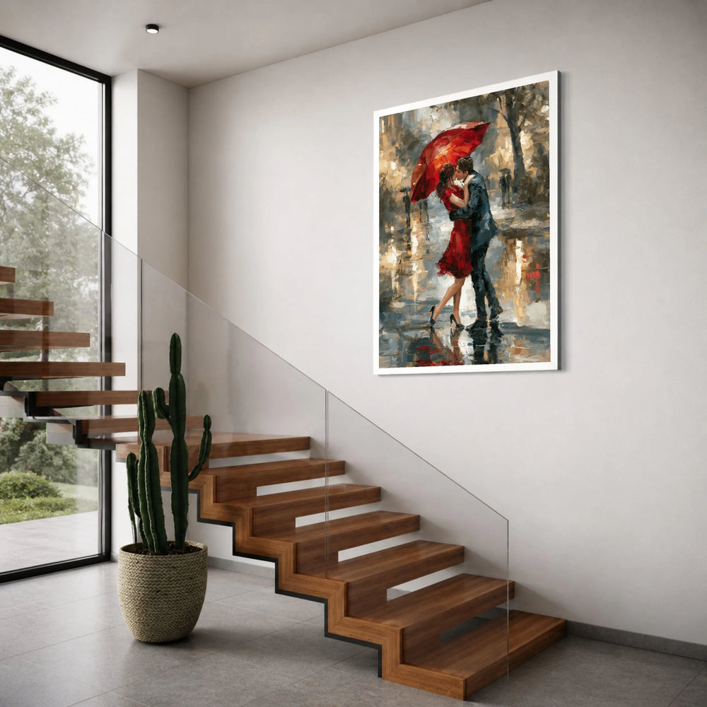 Romantic Red Umbrella Kiss, Couple Embrace Canvas, Rainy Day Love Scene, Elegant Wall Art, Modern Impressionist Canvas Decor Print Art