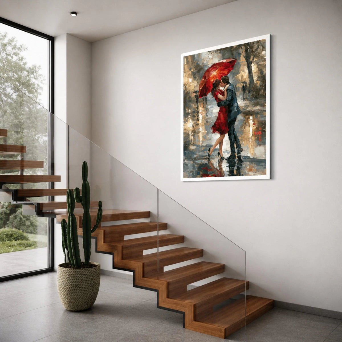 Romantic Red Umbrella Kiss, Couple Embrace Canvas, Rainy Day Love Scene, Elegant Wall Art, Modern Impressionist Canvas Decor Print Art