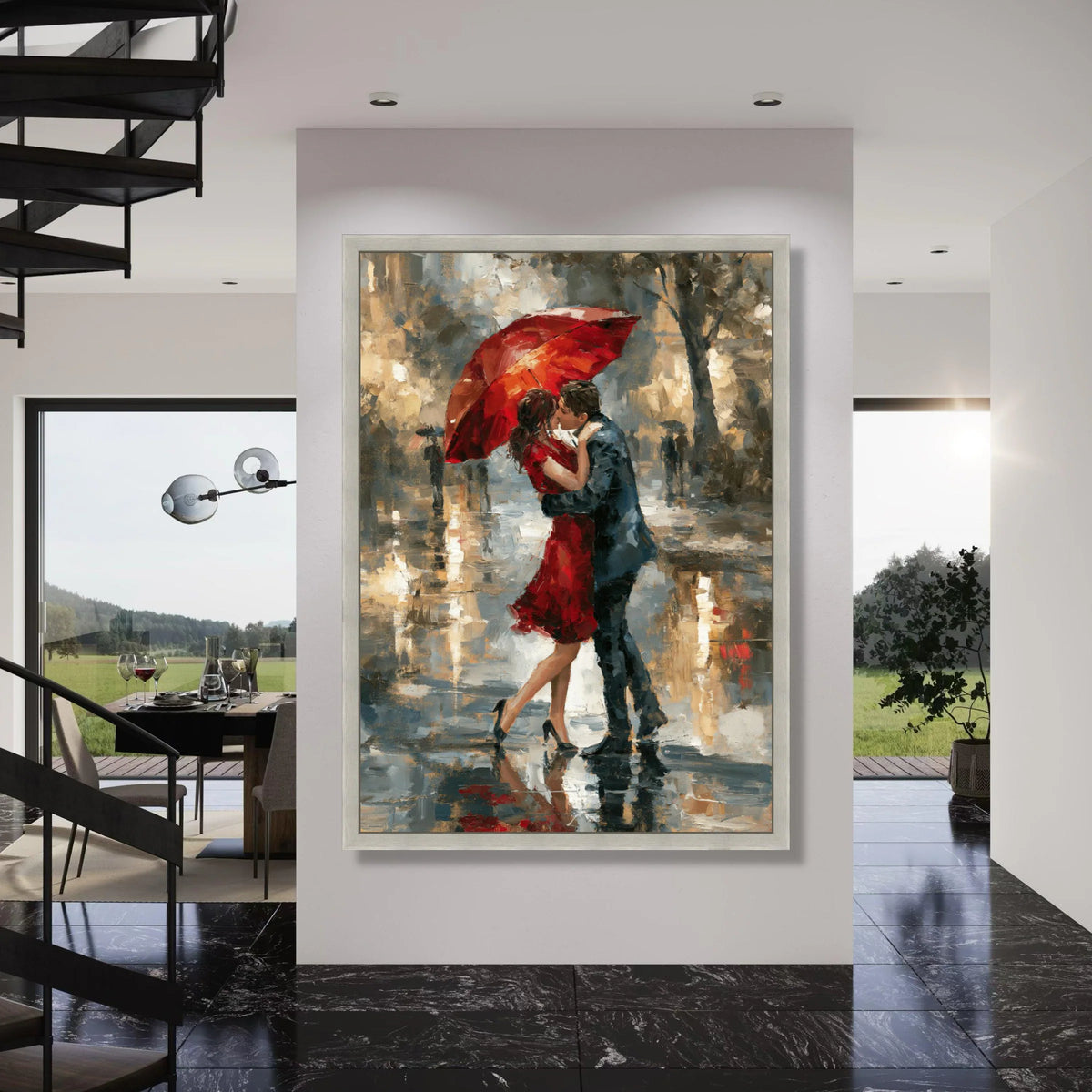 Romantic Red Umbrella Kiss, Couple Embrace Canvas, Rainy Day Love Scene, Elegant Wall Art, Modern Impressionist Canvas Decor Print Art