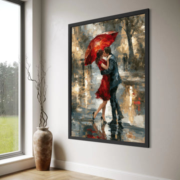 Romantic Red Umbrella Kiss, Couple Embrace Canvas, Rainy Day Love Scene, Elegant Wall Art, Modern Impressionist Canvas Decor Print Art