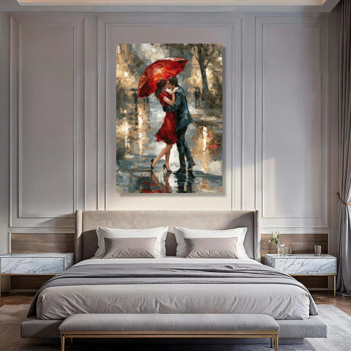 Romantic Red Umbrella Kiss, Couple Embrace Canvas, Rainy Day Love Scene, Elegant Wall Art, Modern Impressionist Canvas Decor Print Art