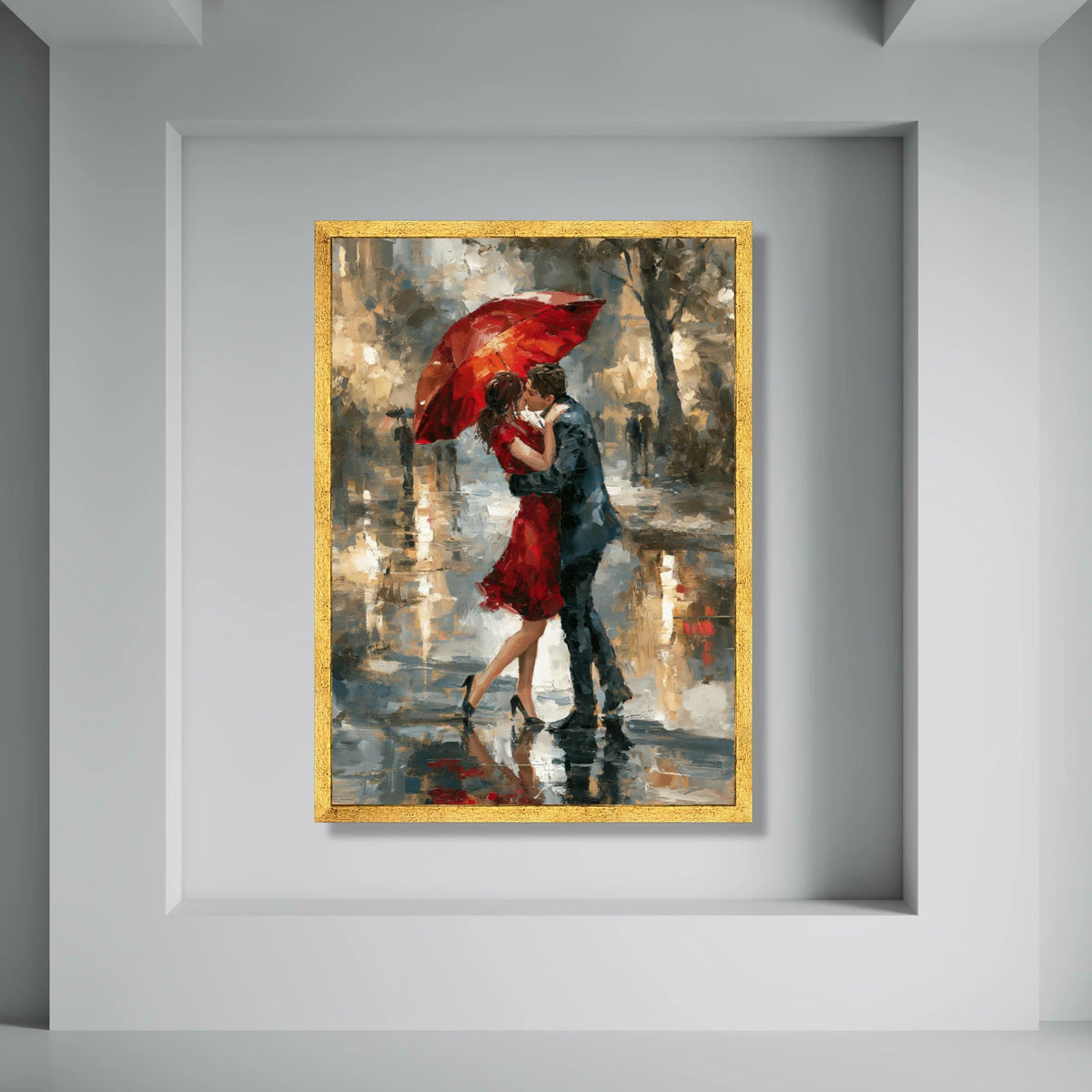 Romantic Red Umbrella Kiss, Couple Embrace Canvas, Rainy Day Love Scene, Elegant Wall Art, Modern Impressionist Canvas Decor Print Art