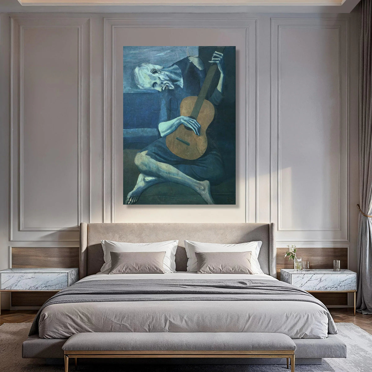 Melancholic Guitar Player Canvas, Blue Period Art, Expressionist Wall Decor, Vintage Musician Painting, Emotional Canvas Artwork Print Art
