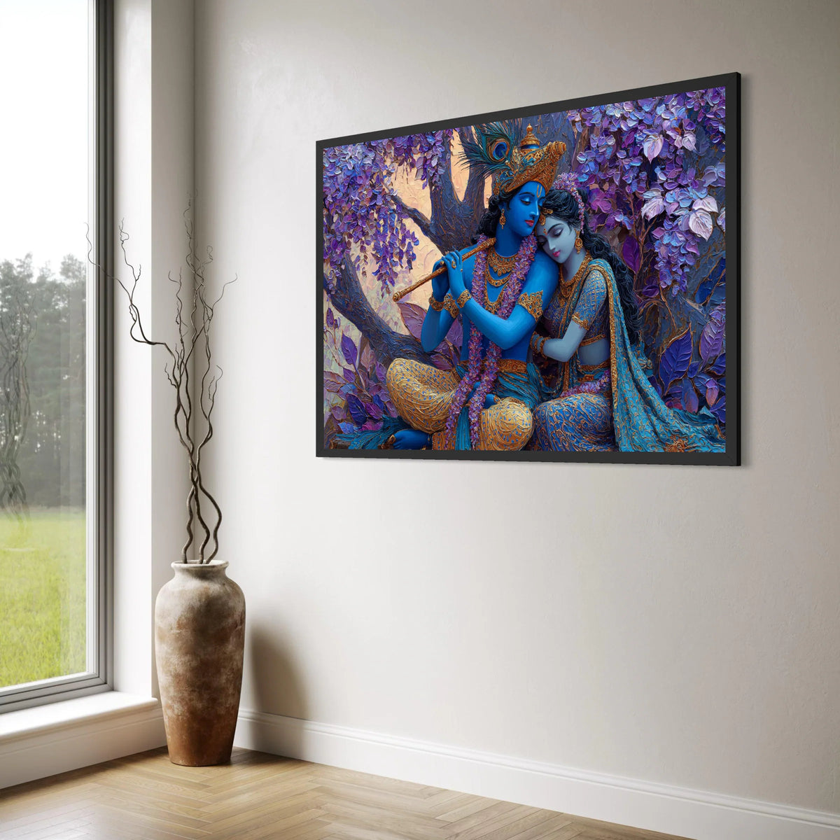 Romantic Krishna and Radha Canvas, Blue and Gold Indian Art, Spiritual Love Scene, Mythological Wall Art, Decorative Canvas for Print Art