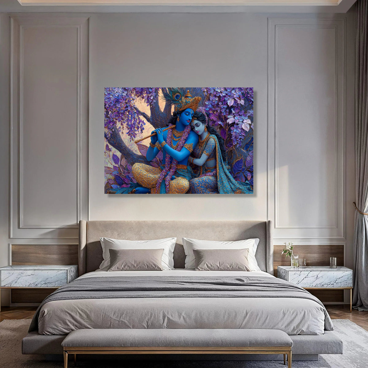 Romantic Krishna and Radha Canvas, Blue and Gold Indian Art, Spiritual Love Scene, Mythological Wall Art, Decorative Canvas for Print Art