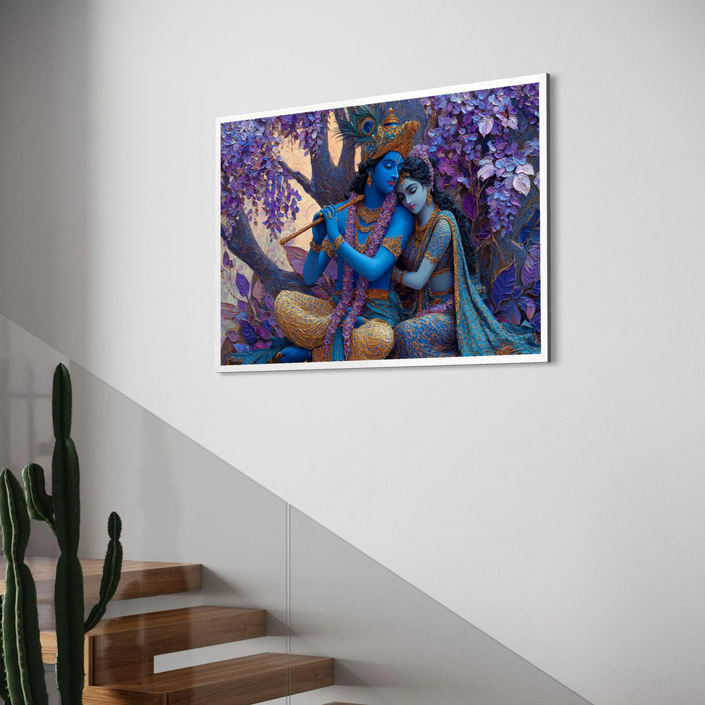 Romantic Krishna and Radha Canvas, Blue and Gold Indian Art, Spiritual Love Scene, Mythological Wall Art, Decorative Canvas for Print Art