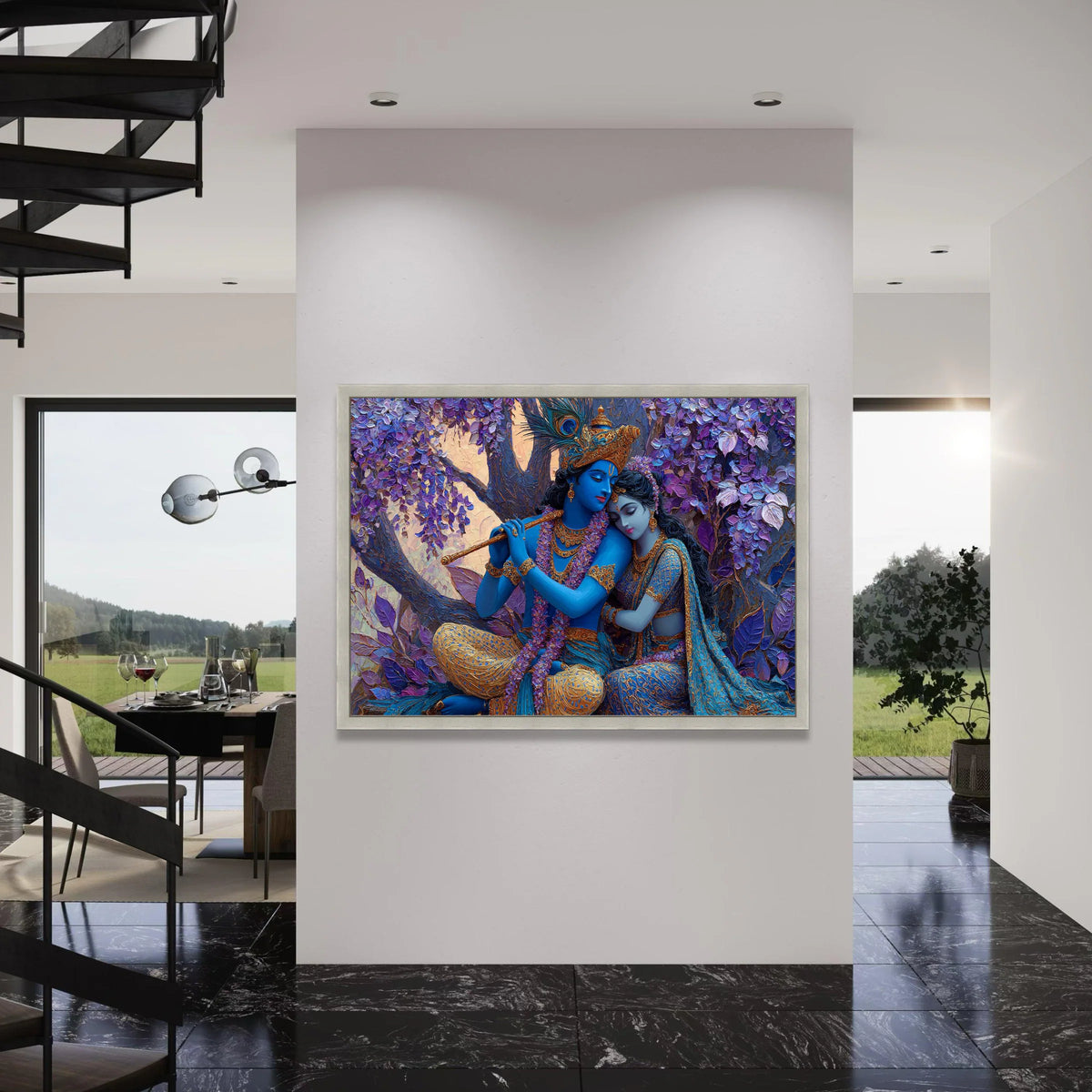 Romantic Krishna and Radha Canvas, Blue and Gold Indian Art, Spiritual Love Scene, Mythological Wall Art, Decorative Canvas for Print Art