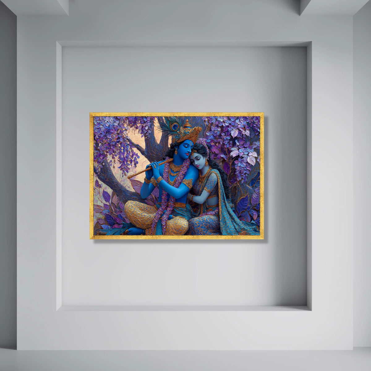 Romantic Krishna and Radha Canvas, Blue and Gold Indian Art, Spiritual Love Scene, Mythological Wall Art, Decorative Canvas for Print Art