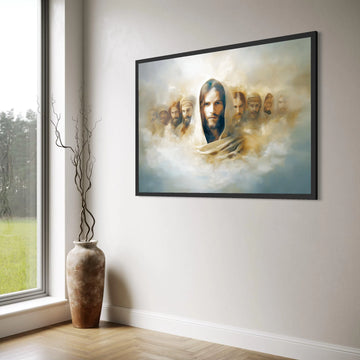 Spiritual Leader Portrait Canvas, Jesus Christ and Disciples, Religious Wall Art, Divine Light Illustration, Inspirational Home Print Art